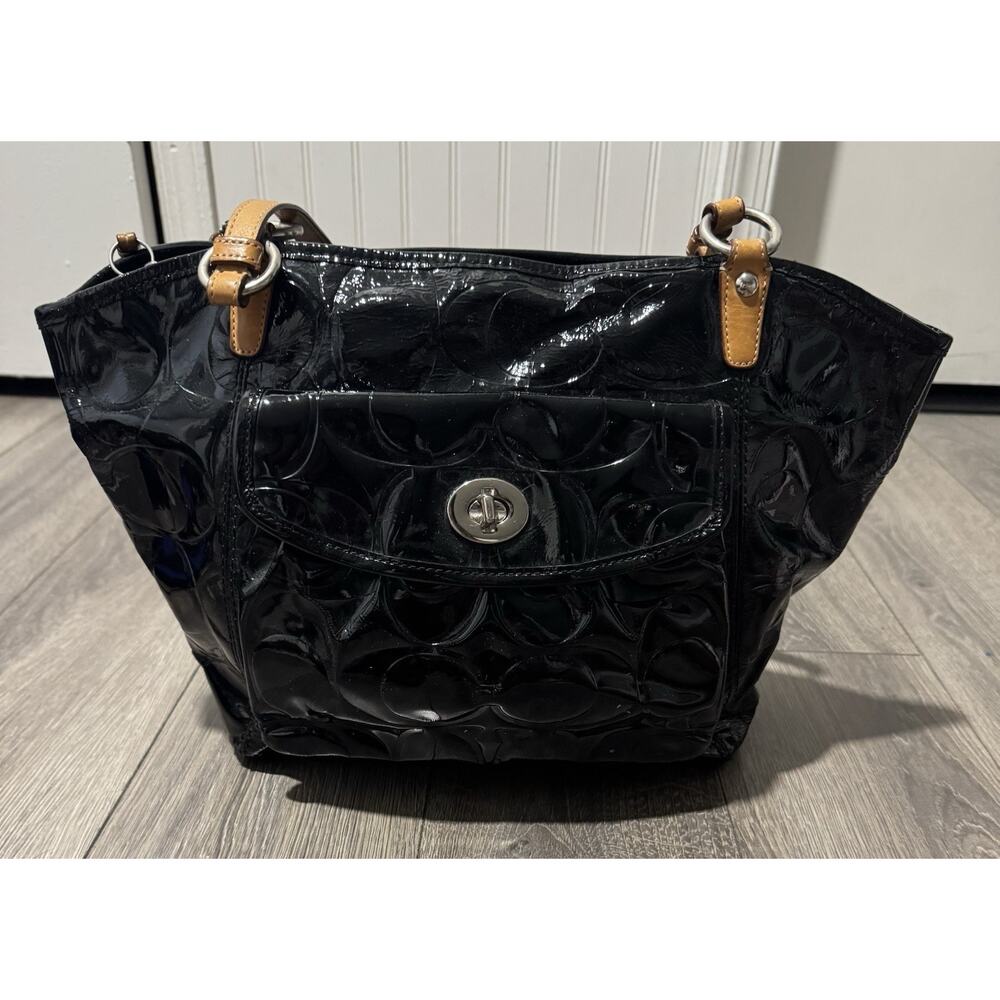 COACH SIGNATURE LEAH EMBOSSED PATENT LEATHER SHOULDER TOTE BAG F14662 SHOPPER L